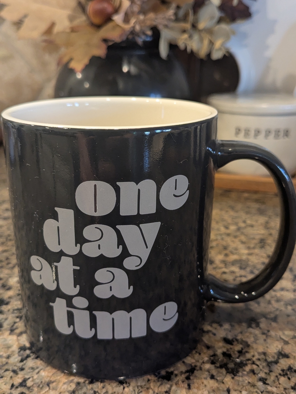 Target Black Ceramic Mug with White 'one day at a time' Text